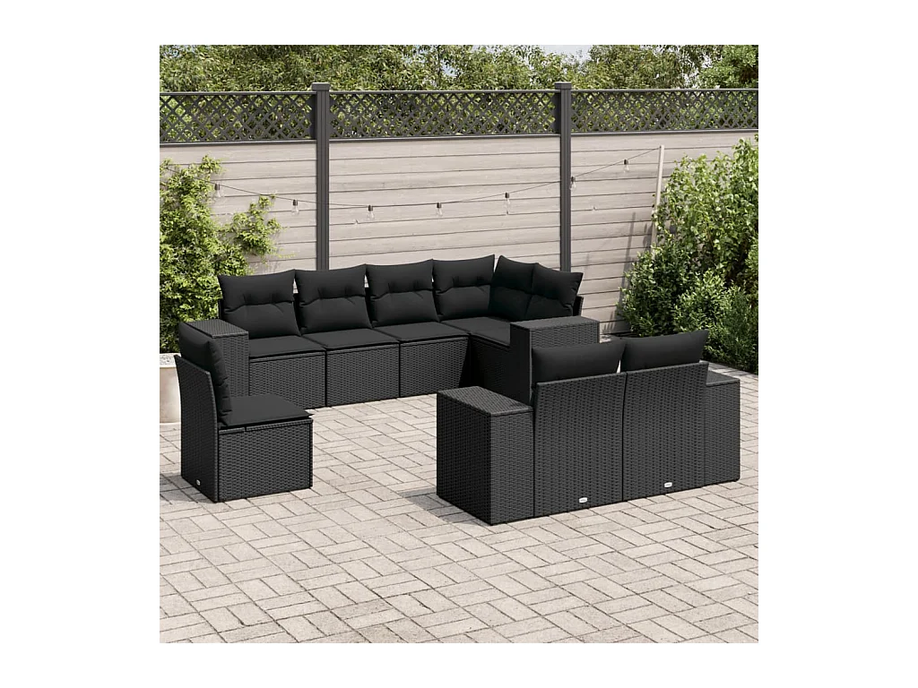Salon de jardin 8 pcs avec coussins noir résine tressée