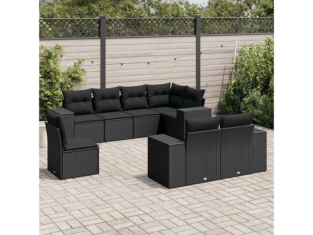 Salon de jardin 8 pcs avec coussins noir résine tressée