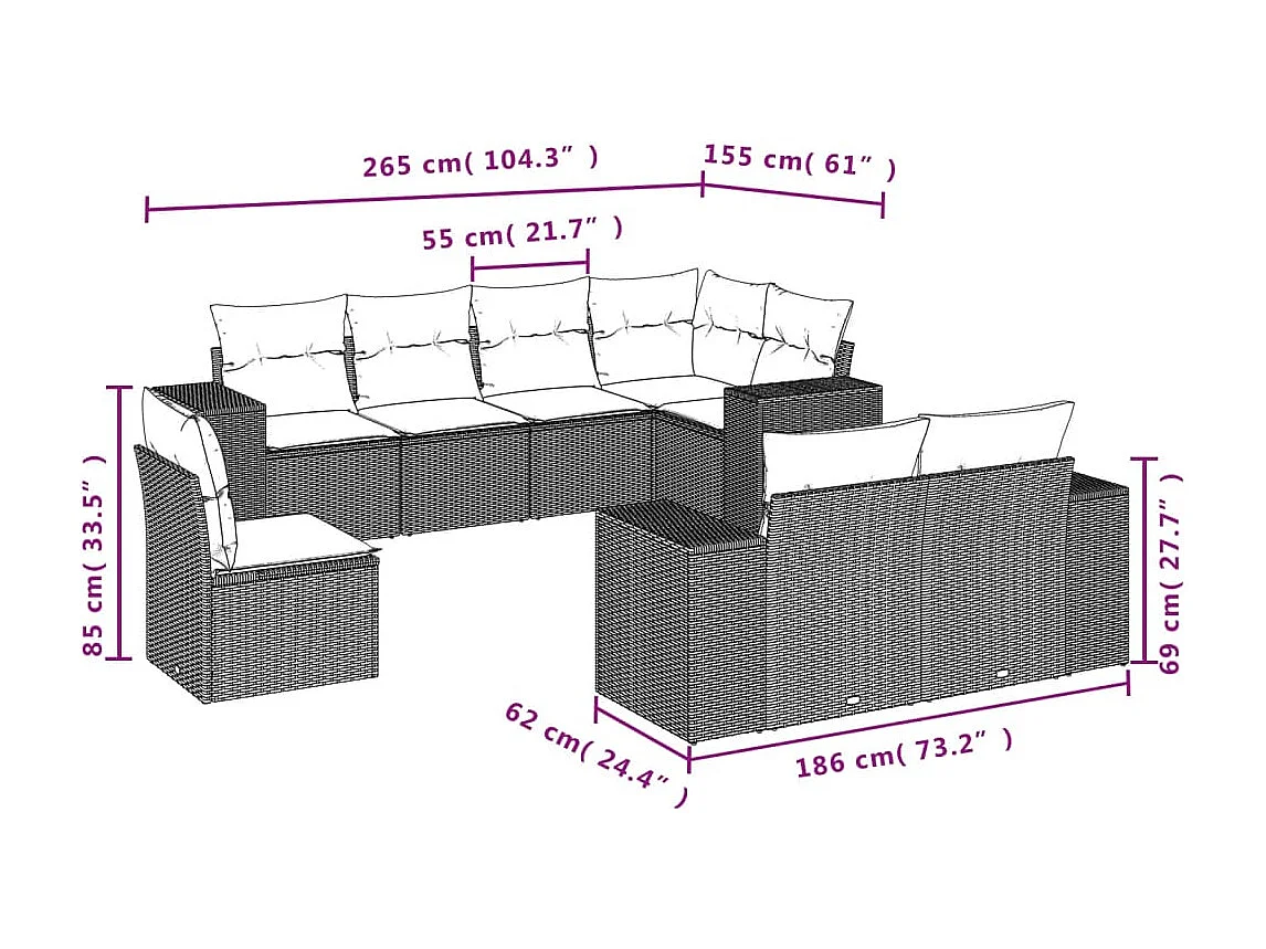 Salon de jardin 8 pcs avec coussins noir résine tressée