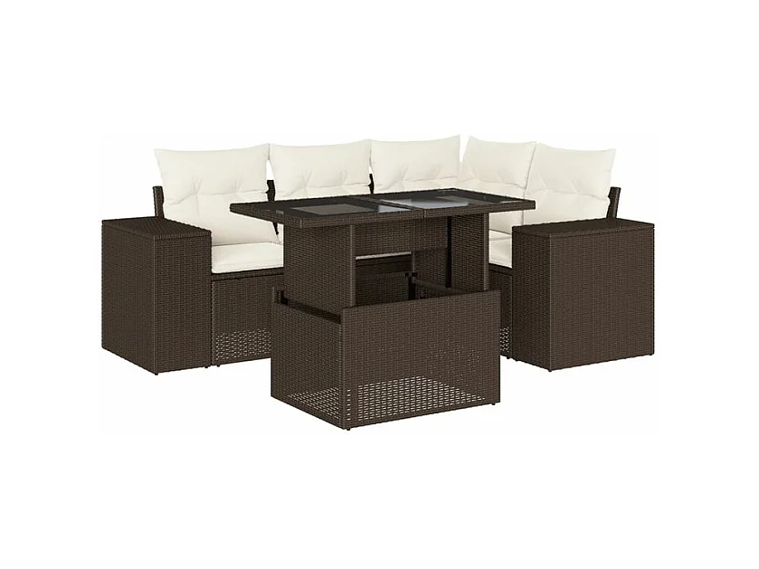 Salon de jardin avec coussins 5 pcs marron résine tressée