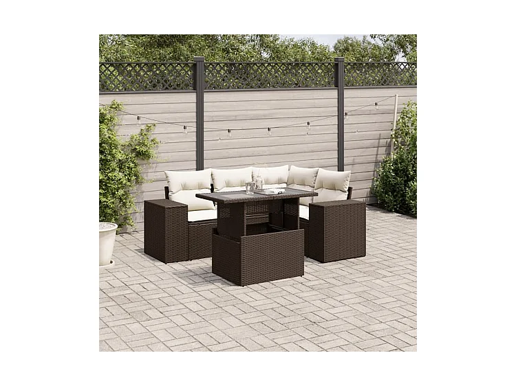 Salon de jardin avec coussins 5 pcs marron résine tressée