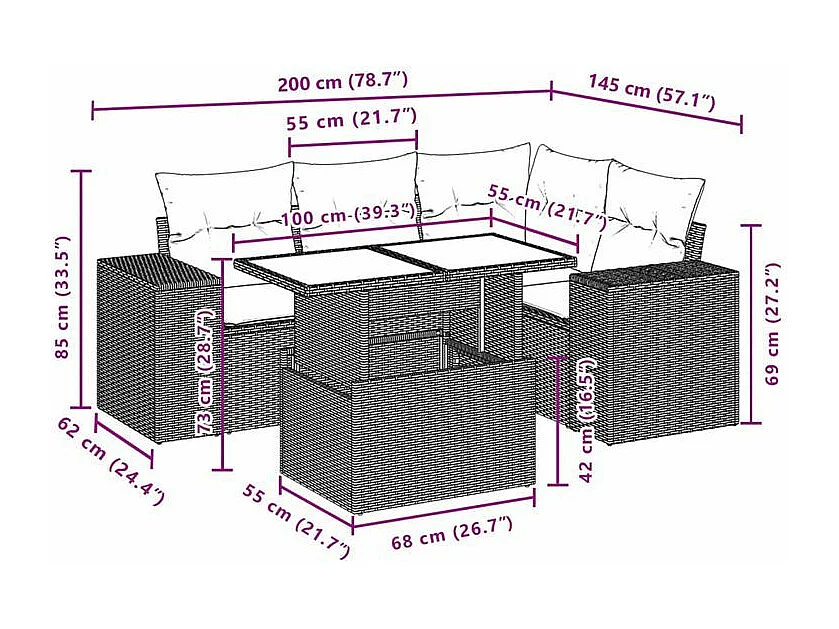 Salon de jardin avec coussins 5 pcs marron résine tressée