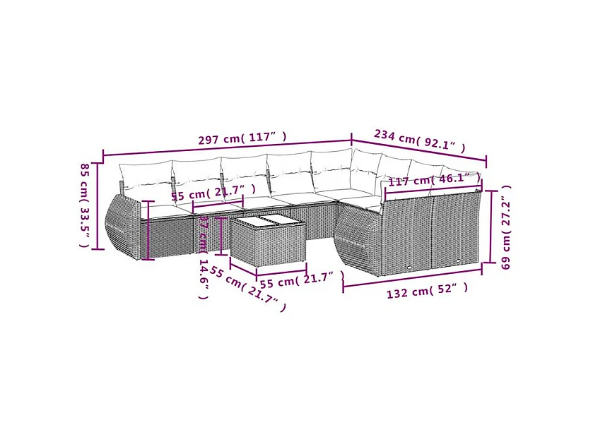 Salon de jardin 10 pcs avec coussins marron résine tressée