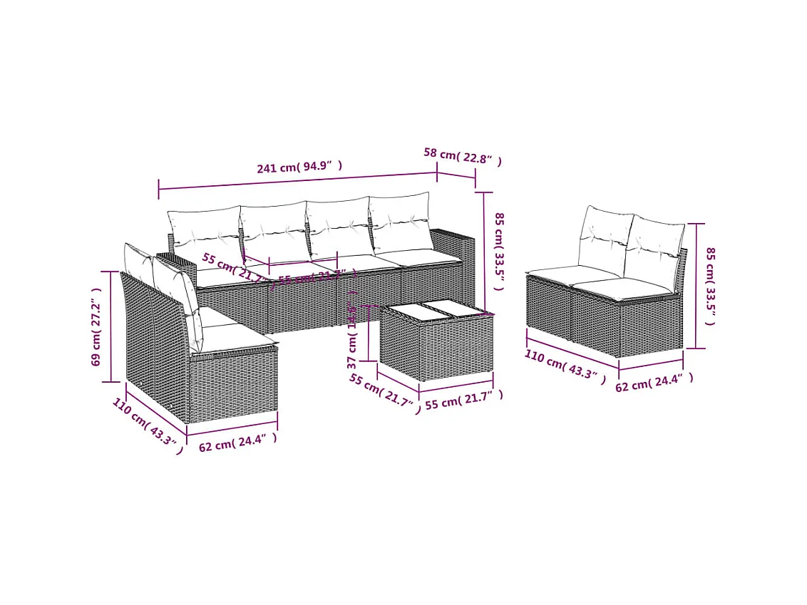 Salon de jardin avec coussins 9 pcs beige résine tressée