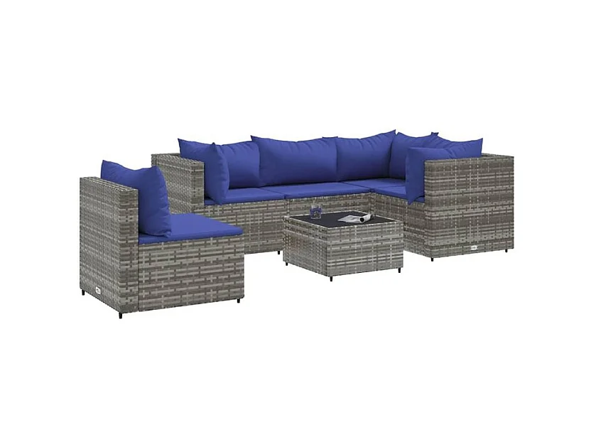 Salon de jardin 6 pcs avec coussins Gris Résine tressée