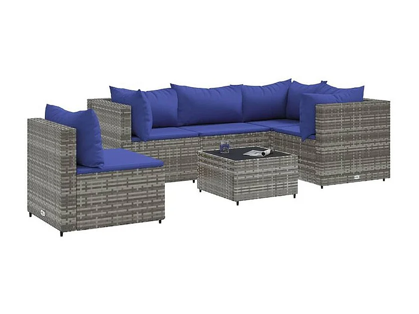 Salon de jardin 6 pcs avec coussins Gris Résine tressée