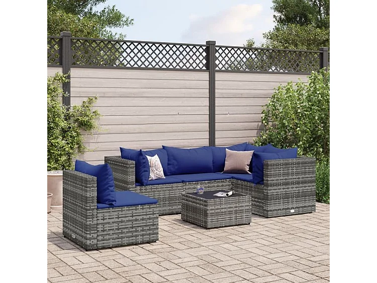 Salon de jardin 6 pcs avec coussins Gris Résine tressée