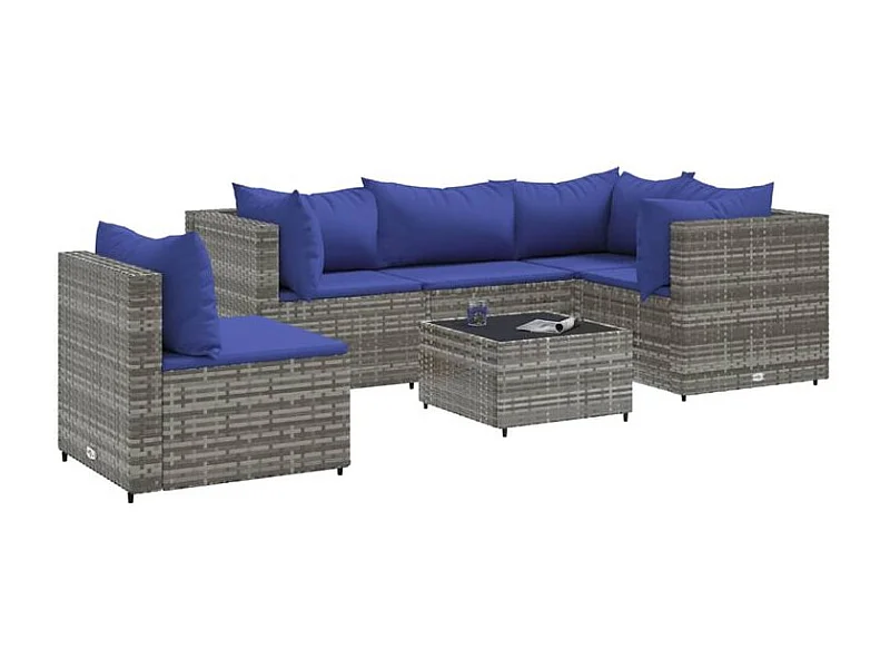 Salon de jardin 6 pcs avec coussins Gris Résine tressée