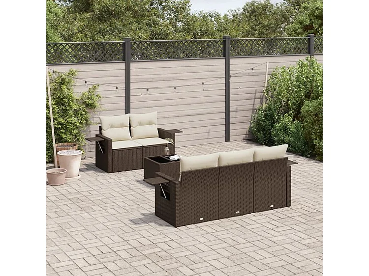 Salon de jardin avec coussins 6 pcs marron résine tressée