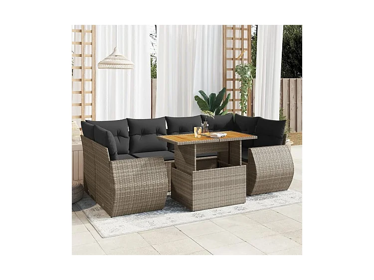 Salon de jardin avec coussins 7 pcs gris résine tressée