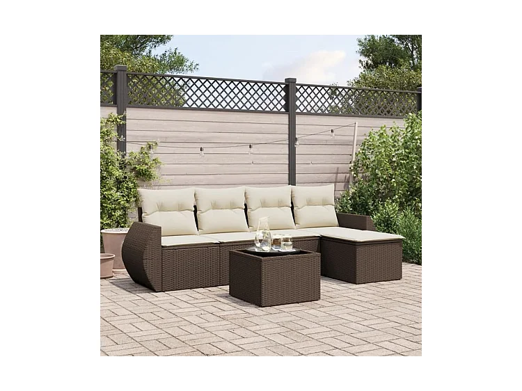 Salon de jardin avec coussins 6 pcs marron résine tressée