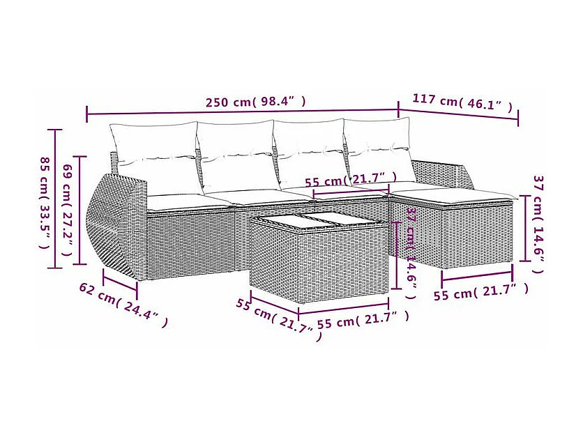 Salon de jardin avec coussins 6 pcs marron résine tressée