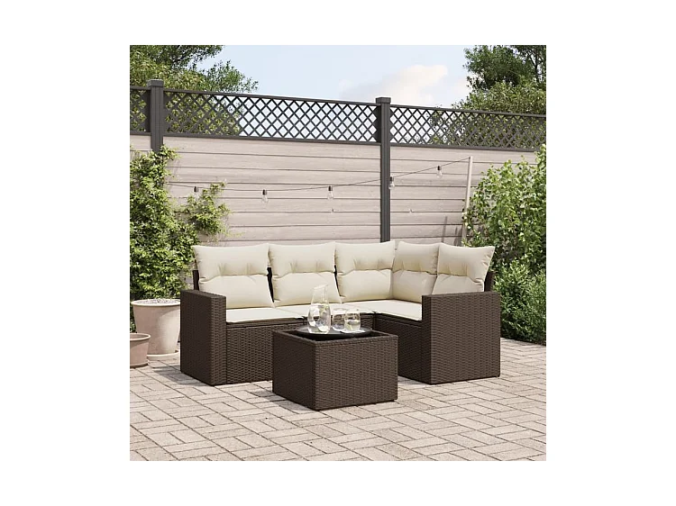 Salon de jardin avec coussins 5 pcs marron résine tressée