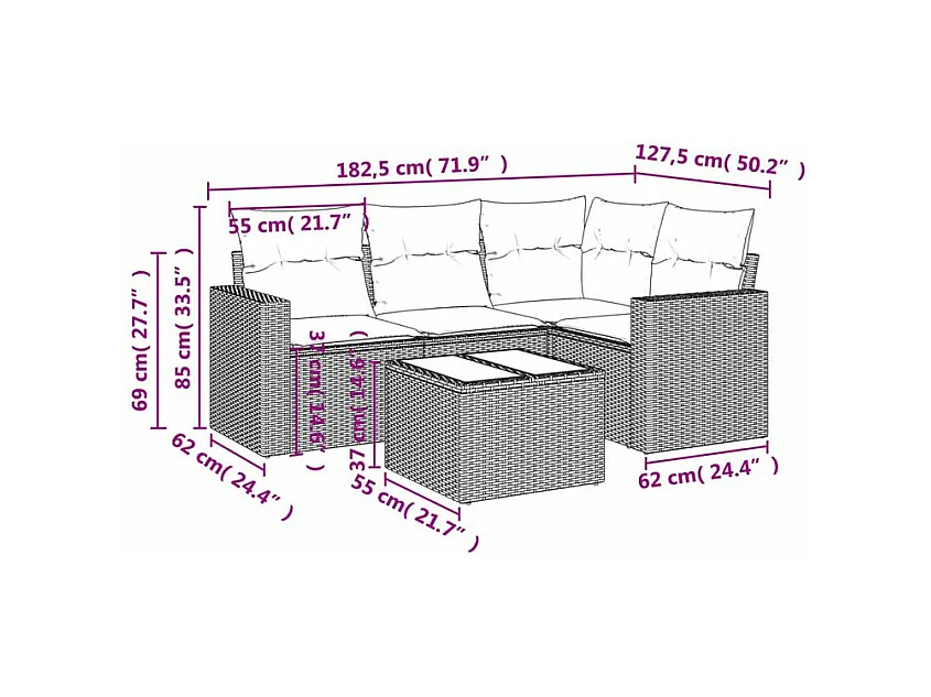 Salon de jardin avec coussins 5 pcs marron résine tressée