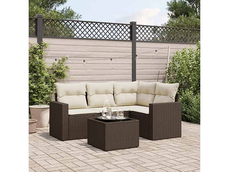 Salon de jardin avec coussins 5 pcs marron résine tressée
