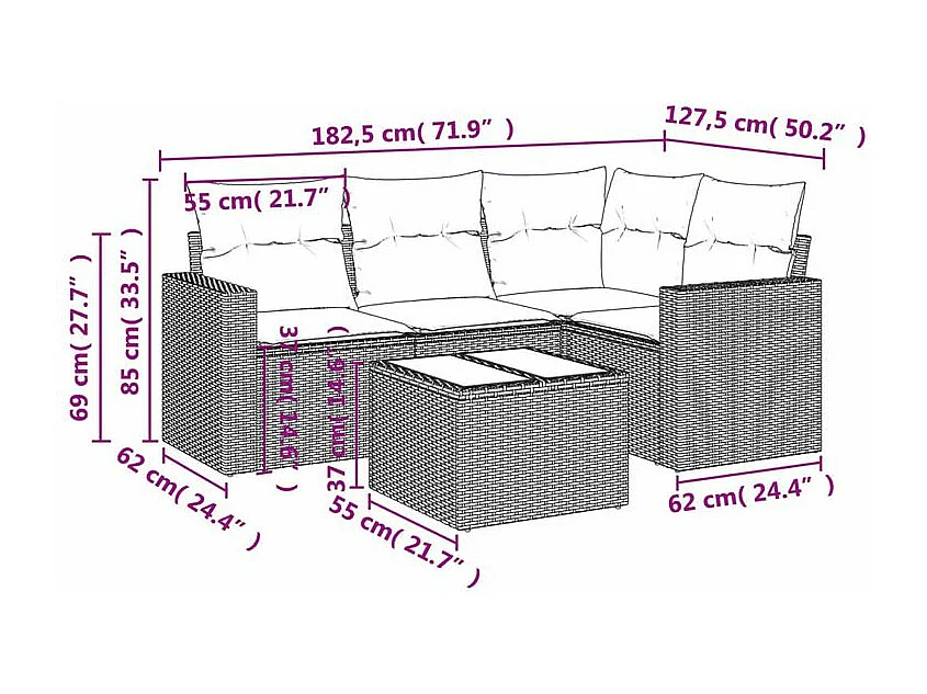 Salon de jardin avec coussins 5 pcs marron résine tressée