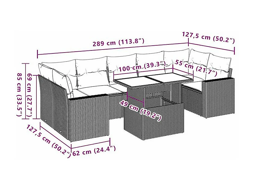 Salon de jardin avec coussins 8 pcs beige résine tressée