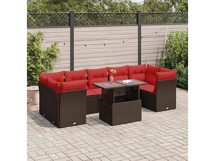 Salon de jardin 8pcs avec coussins marron résine tressée acacia