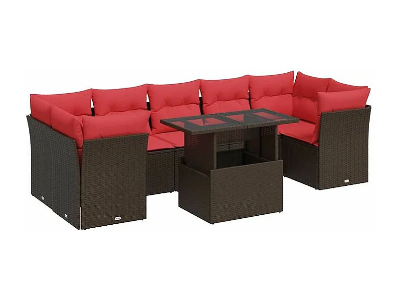 Salon de jardin 8pcs avec coussins marron résine tressée acacia