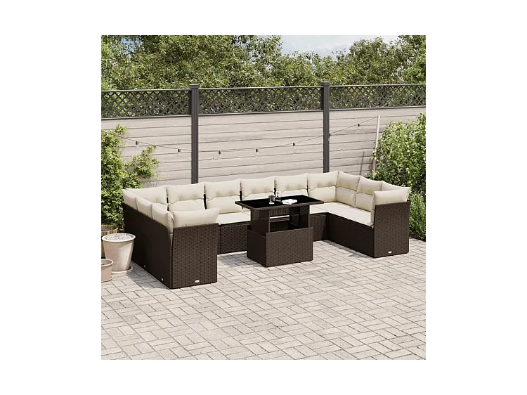 Salon de jardin et coussins 11 pcs marron résine tressée