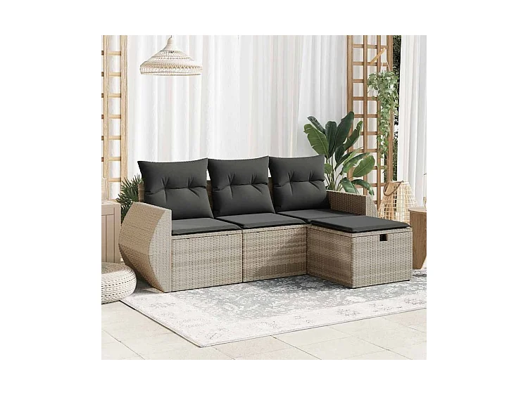 Salon de jardin 4 pcs avec coussins gris clair résine tressée