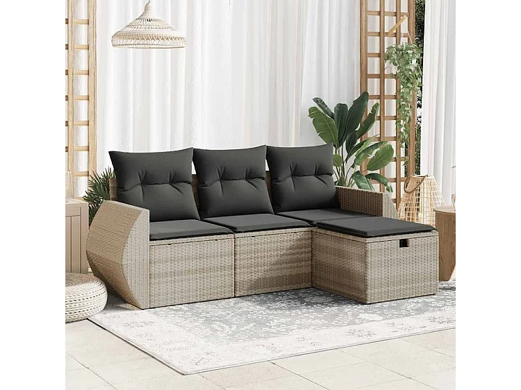 Salon de jardin 4 pcs avec coussins gris clair résine tressée