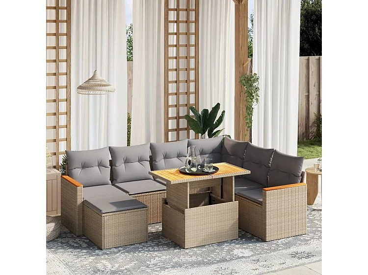 Salon de jardin avec coussins 8 pcs beige résine tressée