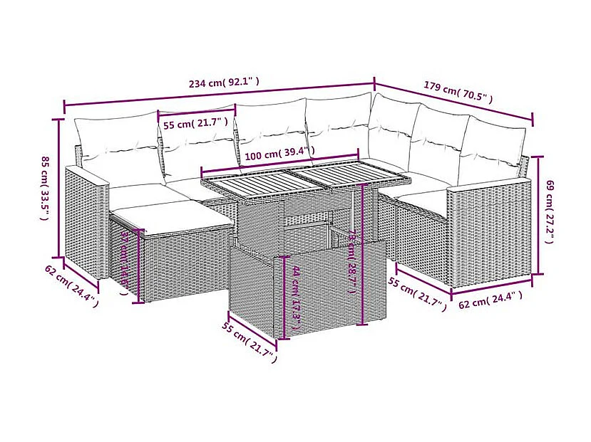 Salon de jardin avec coussins 8 pcs beige résine tressée