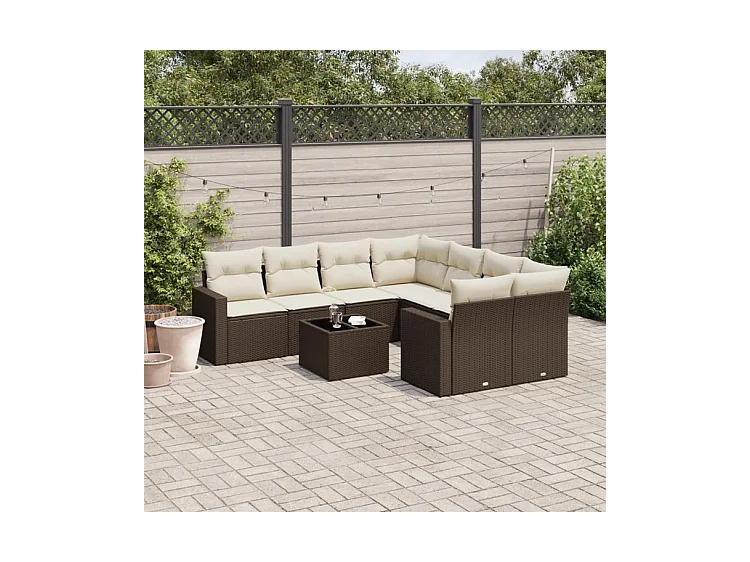 Salon de jardin avec coussins 9 pcs marron résine tressée