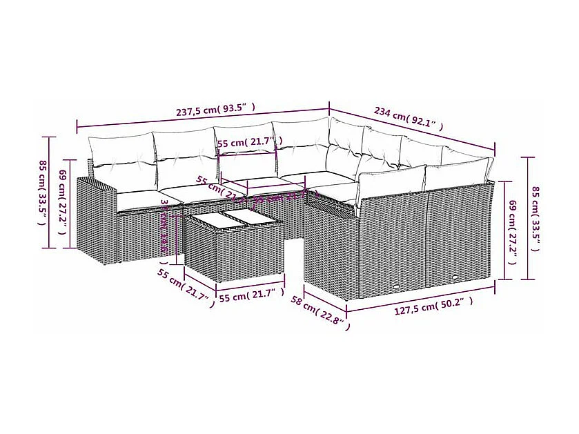 Salon de jardin avec coussins 9 pcs marron résine tressée