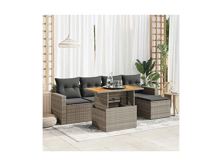 Salon de jardin 6 pcs avec coussins gris résine tressée