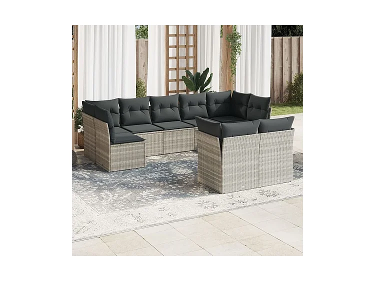 Salon de jardin 9 pcs avec coussins gris clair résine tressée