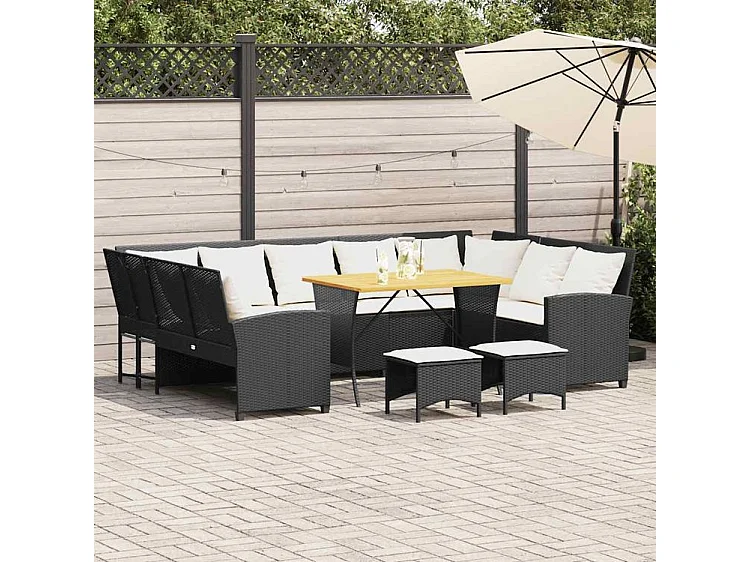 Salon de jardin 4 pcs avec coussins noir résine tressée