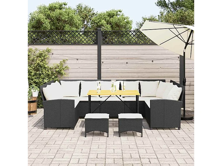 Salon de jardin 4 pcs avec coussins noir résine tressée