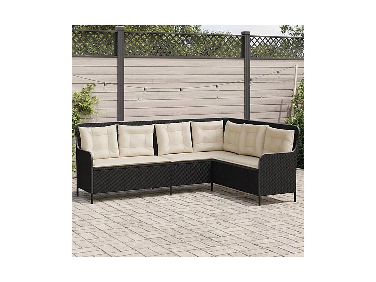 Canapé de jardin et coussins en forme de L noir résine tressée