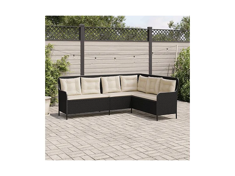 Canapé de jardin et coussins en forme de L noir résine tressée