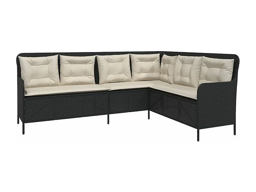 Canapé de jardin et coussins en forme de L noir résine tressée