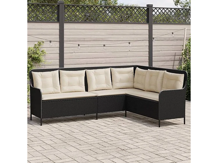 Canapé de jardin et coussins en forme de L noir résine tressée