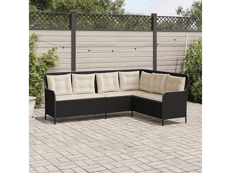 Canapé de jardin et coussins en forme de L noir résine tressée