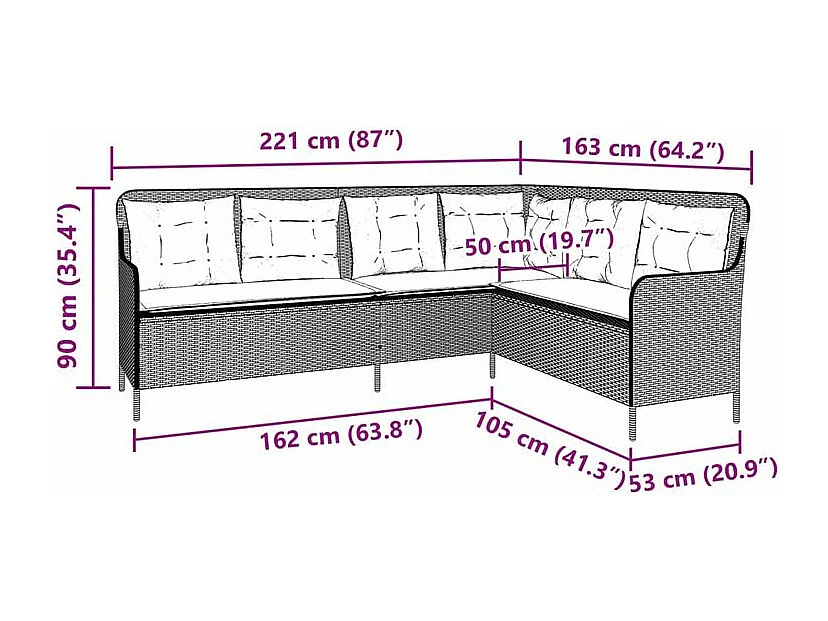 Canapé de jardin et coussins en forme de L noir résine tressée