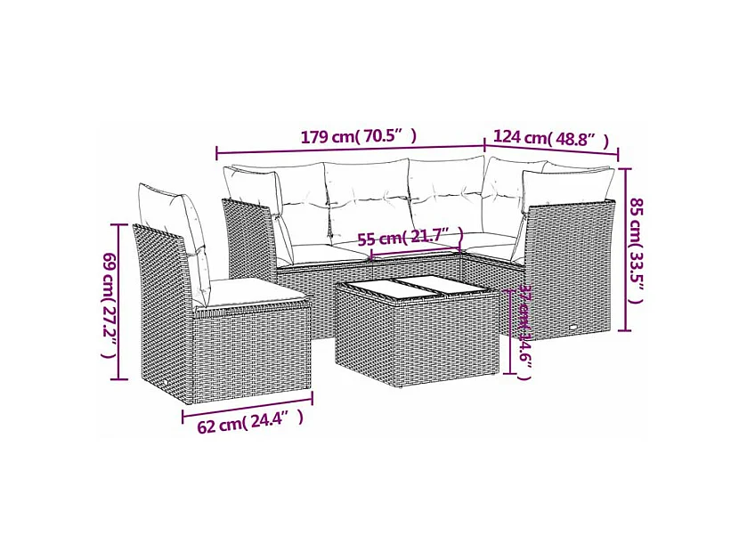 Salon de jardin avec coussins 6 pcs marron résine tressée