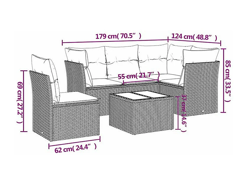 Salon de jardin avec coussins 6 pcs marron résine tressée
