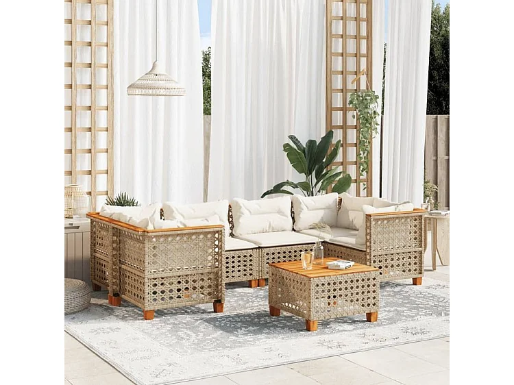 Salon de jardin avec coussins 7 pcs beige résine tressée