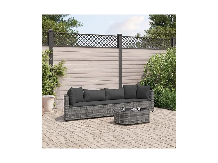 Salon de jardin 5 pcs avec coussins gris résine tressée