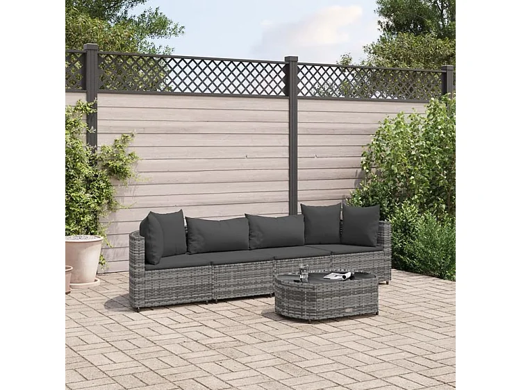 Salon de jardin 5 pcs avec coussins gris résine tressée