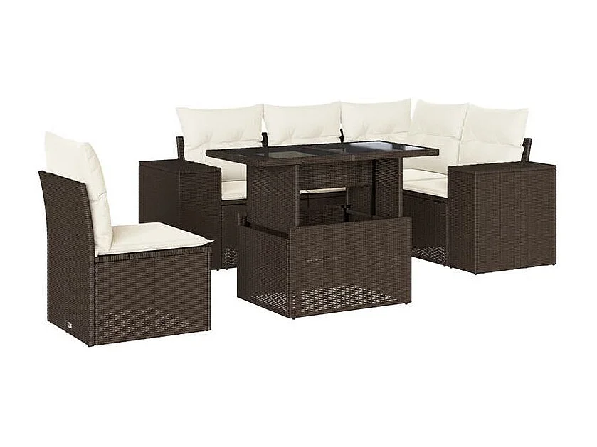 Salon de jardin avec coussins 6 pcs marron résine tressée