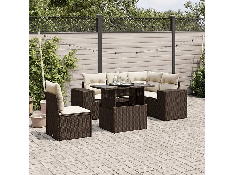 Salon de jardin avec coussins 6 pcs marron résine tressée