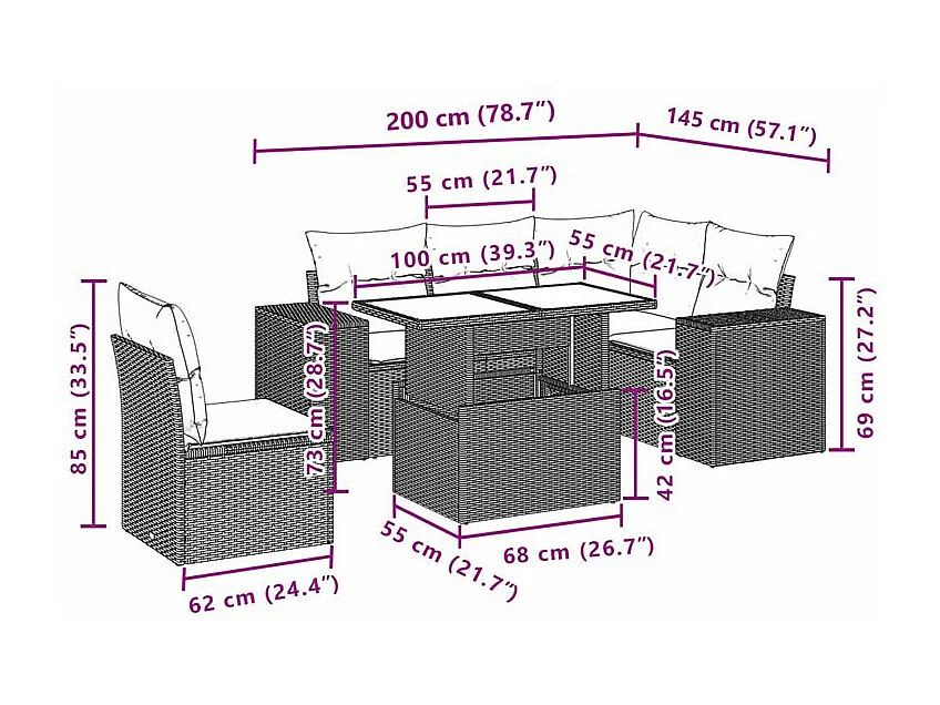 Salon de jardin avec coussins 6 pcs marron résine tressée