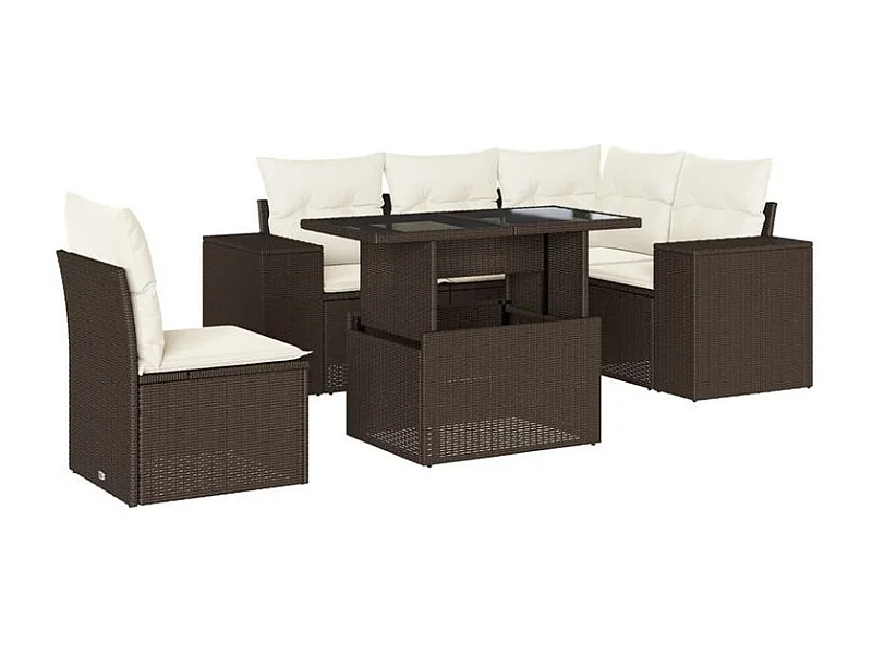 Salon de jardin avec coussins 6 pcs marron résine tressée