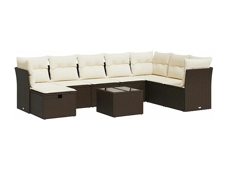 Salon de jardin avec coussins 9 pcs marron résine tressée
